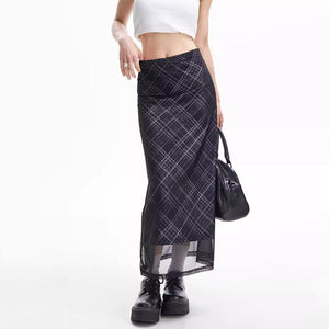 VILZSTUDIOS Chic plaid maxi skirt with mesh overlay