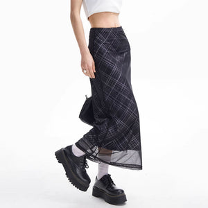 VILZSTUDIOS Chic plaid maxi skirt with mesh overlay