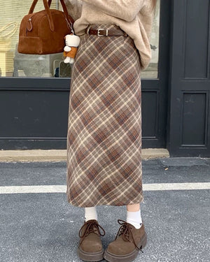VILZSTUDIOS Chic plaid high-waisted midi skirt for women