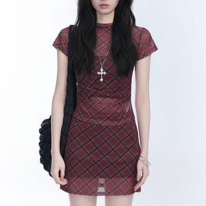 VILZSTUDIOS Chic plaid mesh top and mini skirt set