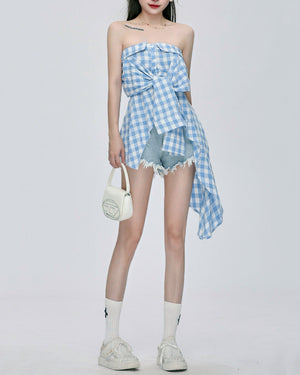VILZSTUDIOS Chic plaid off shoulder top from VILZSTUDIOS