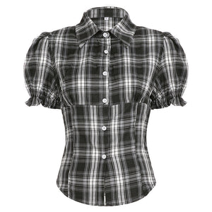 VILZSTUDIOS Plaid blouse with puff sleeves and button-up front