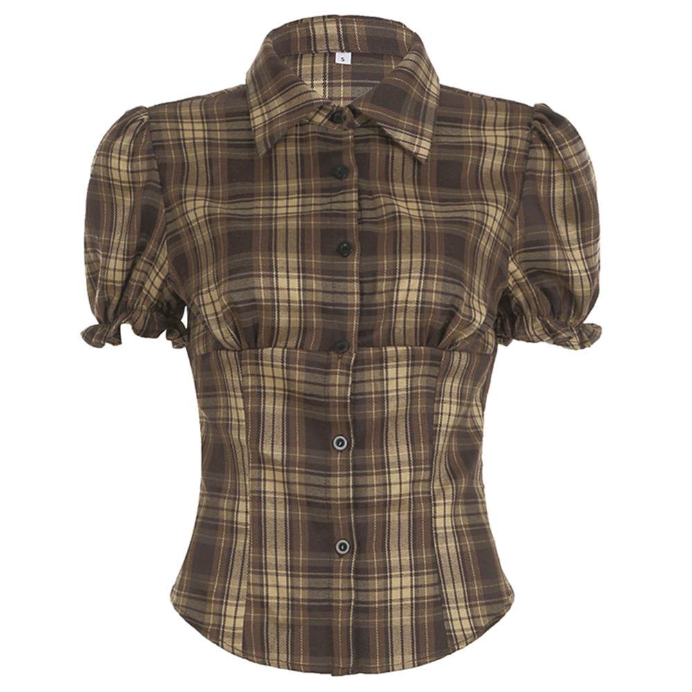 VILZSTUDIOS Plaid blouse with puff sleeves and button-up front