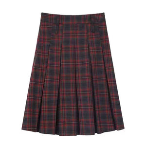 VILZSTUDIOS Red plaid pleated midi skirt from VILZSTUDIOS