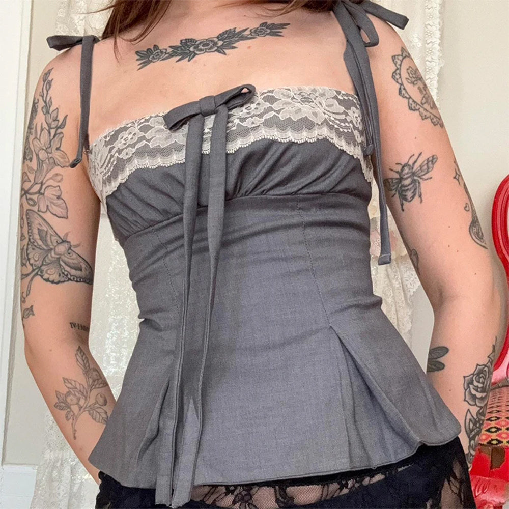 VILZSTUDIOS Stylish ruched bow tie top with lace details
