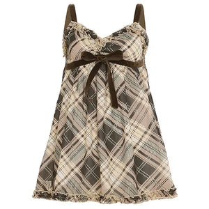 VILZSTUDIOS Plaid mini dress with ruffled lace trim and adjustable straps