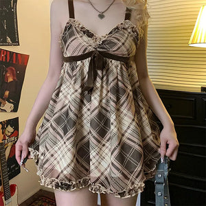 VILZSTUDIOS Plaid mini dress with ruffled lace trim and adjustable straps