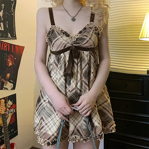 VILZSTUDIOS Plaid mini dress with ruffled lace trim and adjustable straps