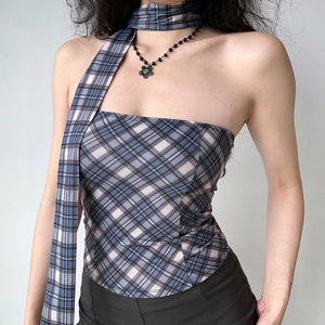 VILZSTUDIOS Stylish plaid top with scarf neck design