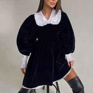 VILZSTUDIOS Chic velvet collar mini dress with puff sleeves