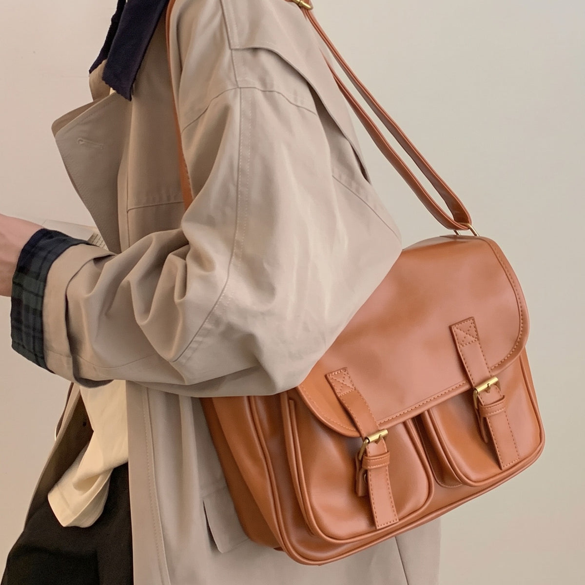 VILZSTUDIOS cognac faux leather satchel bag with gold-tone hardware