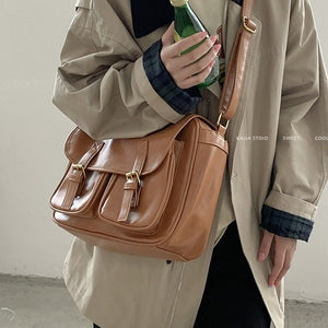 VILZSTUDIOS cognac faux leather satchel bag with gold-tone hardware