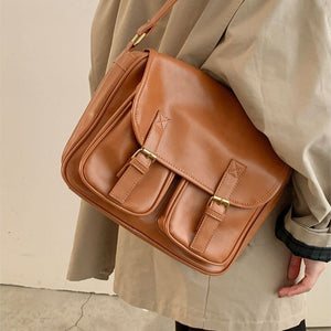VILZSTUDIOS cognac faux leather satchel bag with gold-tone hardware