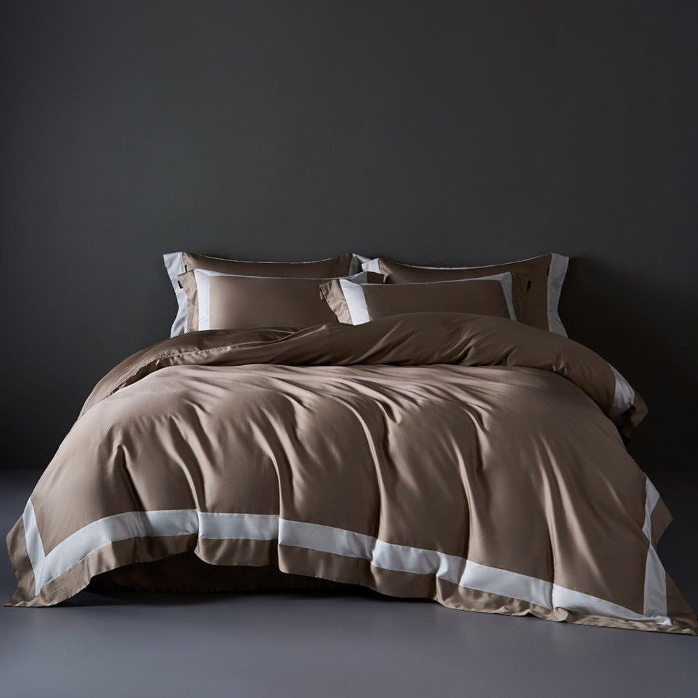 VILZSTUDIOS neutral two-tone contrast border duvet cover set with tailored flange edges