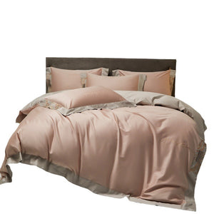 VILZSTUDIOS two-tone satin bedding set with broad contrasting borders and script embroidery