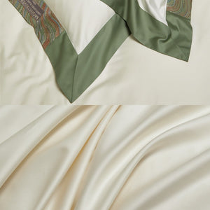 VILZSTUDIOS two-tone satin bedding set with broad contrasting borders and script embroidery