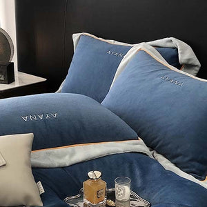 VILZSTUDIOS two-tone velvet bedding set with wide contrast borders and tonal embroidery