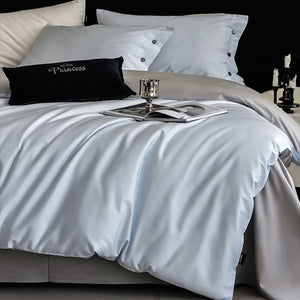 VILZSTUDIOS soft two-tone satin duvet cover set with contrasting dark pillowcase buttons