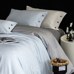 VILZSTUDIOS soft two-tone satin duvet cover set with contrasting dark pillowcase buttons