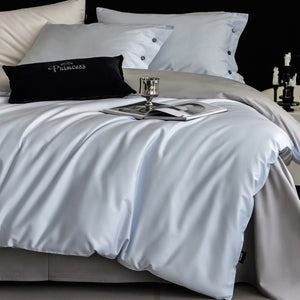 VILZSTUDIOS soft two-tone satin duvet cover set with contrasting dark pillowcase buttons