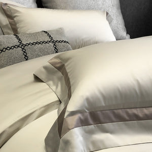 VILZSTUDIOS cream, blush pink or camel beige satin duvet cover set with contrast ribbon borders
