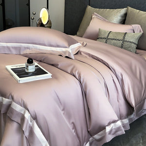 VILZSTUDIOS cream, blush pink or camel beige satin duvet cover set with contrast ribbon borders