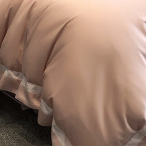VILZSTUDIOS cream, blush pink or camel beige satin duvet cover set with contrast ribbon borders