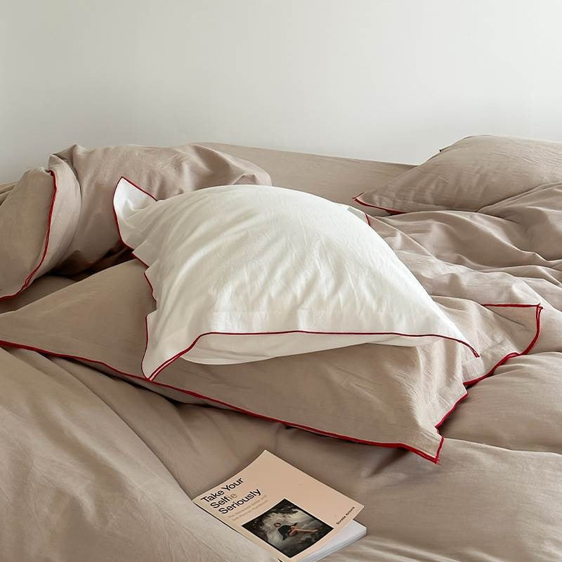 VILZSTUDIOS beige, white, cream or lavender contrast-trim cotton duvet cover set with flanged pillowcases