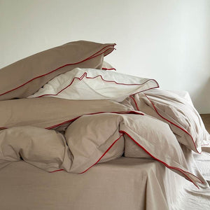VILZSTUDIOS beige, white, cream or lavender contrast-trim cotton duvet cover set with flanged pillowcases