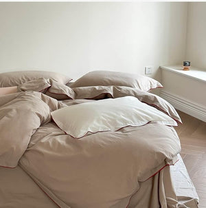 VILZSTUDIOS beige, white, cream or lavender contrast-trim cotton duvet cover set with flanged pillowcases