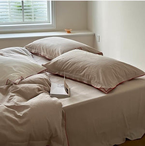 VILZSTUDIOS beige, white, cream or lavender contrast-trim cotton duvet cover set with flanged pillowcases