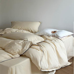 VILZSTUDIOS beige, white, cream or lavender contrast-trim cotton duvet cover set with flanged pillowcases