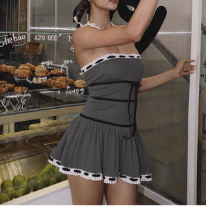 VILZSTUDIOS Stylish grey coquette dress with ribbed design and bows
