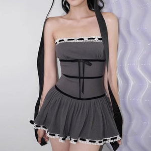 VILZSTUDIOS Stylish grey coquette dress with ribbed design and bows