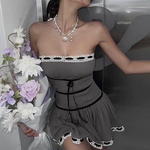VILZSTUDIOS Stylish grey coquette dress with ribbed design and bows