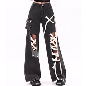 VILZSTUDIOS Wide-leg jeans with lace-up details and patch pockets