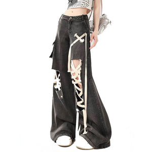 VILZSTUDIOS Wide-leg jeans with lace-up details and patch pockets