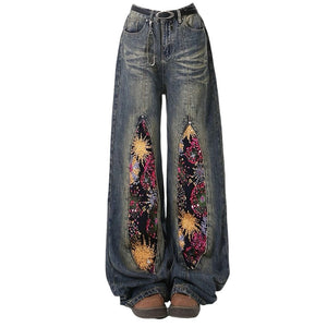 VILZSTUDIOS Wide leg jeans with space-themed patches