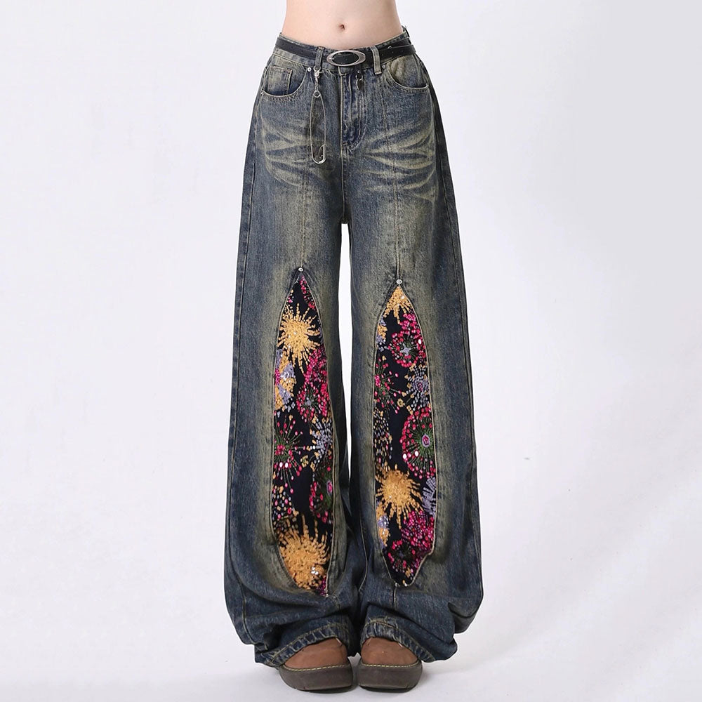 VILZSTUDIOS Wide leg jeans with space-themed patches