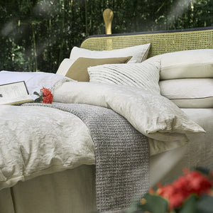 VILZSTUDIOS cream floral damask linen bedding set with dark piping and square buttons