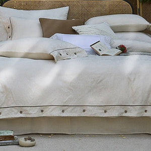 VILZSTUDIOS cream floral damask linen bedding set with dark piping and square buttons