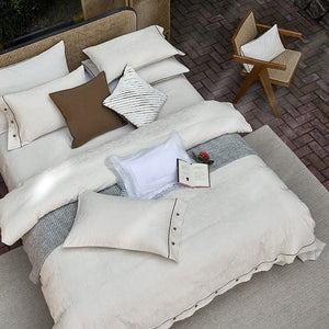 VILZSTUDIOS cream floral damask linen bedding set with dark piping and square buttons
