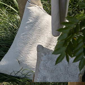 VILZSTUDIOS cream floral damask linen bedding set with dark piping and square buttons