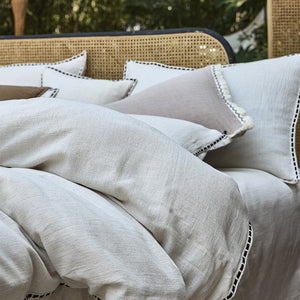 VILZSTUDIOS cream floral damask linen bedding set with dark piping and square buttons