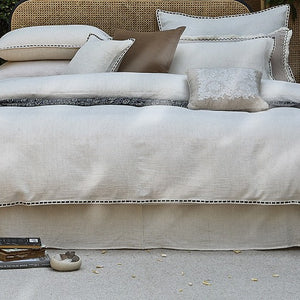 VILZSTUDIOS cream floral damask linen bedding set with dark piping and square buttons