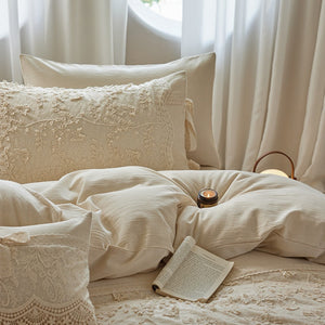 VILZSTUDIOS cream floral lace bedding set with scalloped trim and ribbon bow accents