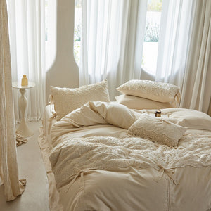 VILZSTUDIOS cream floral lace bedding set with scalloped trim and ribbon bow accents