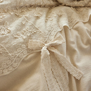 VILZSTUDIOS cream floral lace bedding set with scalloped trim and ribbon bow accents