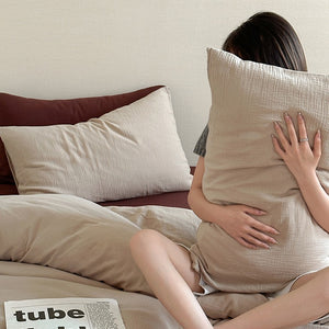VILZSTUDIOS oatmeal and burgundy brown crinkled cotton bedding set