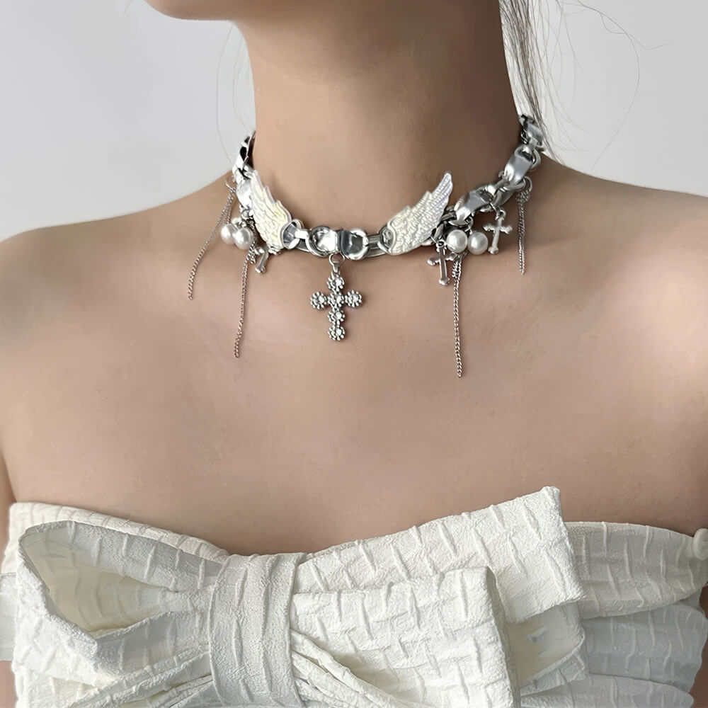 VILZSTUDIOS Layered choker necklace with cross and angel wing charms
